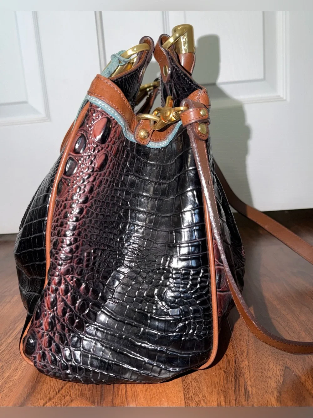 Brahmin Elisa Melbourne Croc Embossed Leather Footed Satchel Shoulder Strap